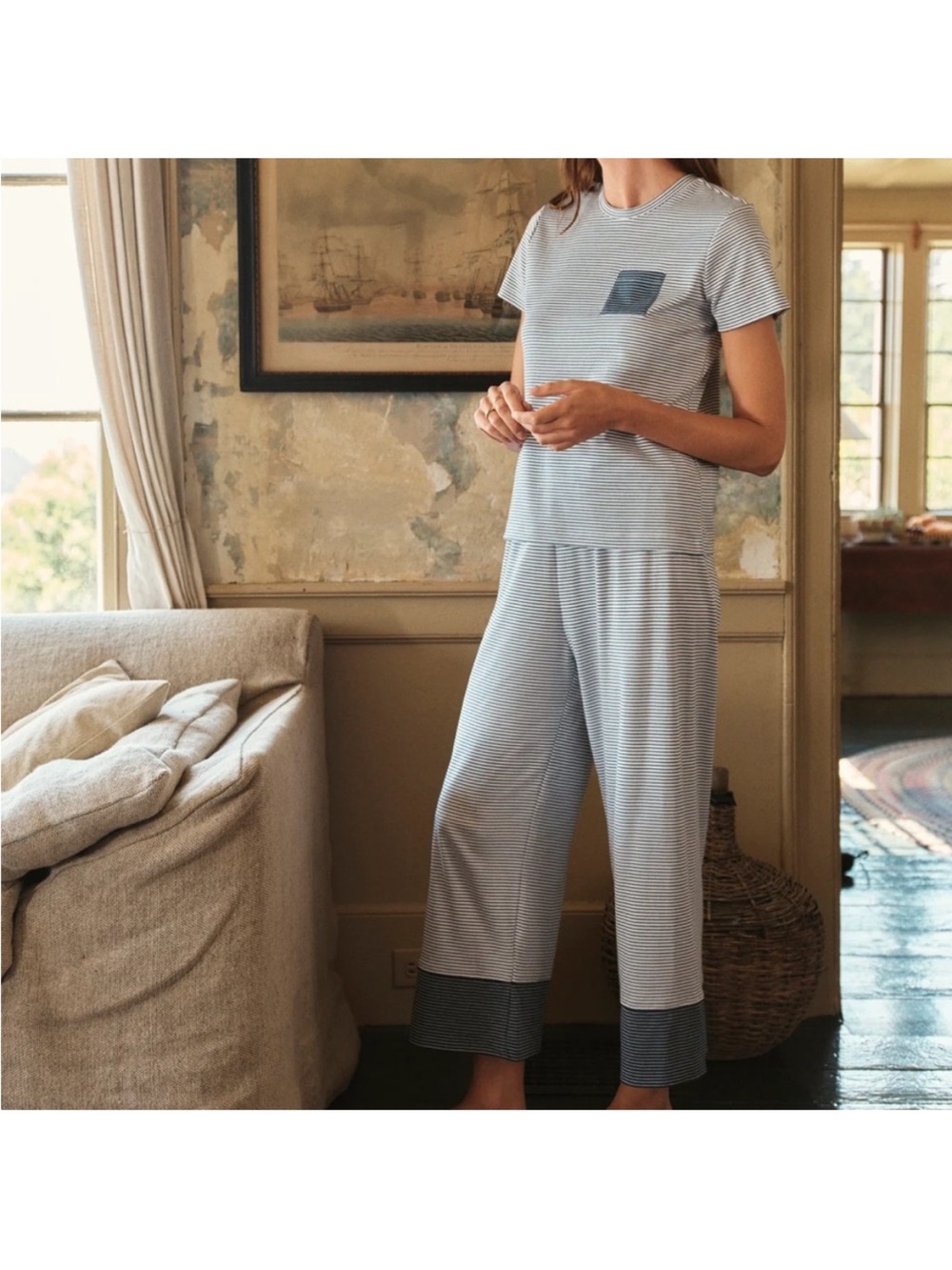 LAKE Pima Crew Wide Leg Pajama Set Navy Stripe Size M - Picture 2 of 5